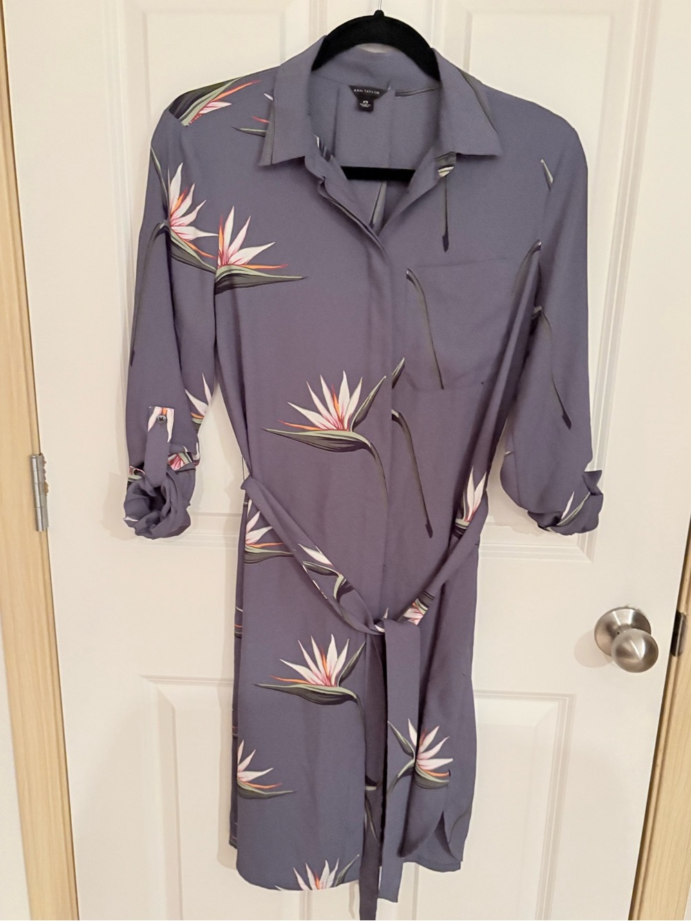 Ann Taylor Dusty Blue Floral Tie-Waist Midi Shirt Dress